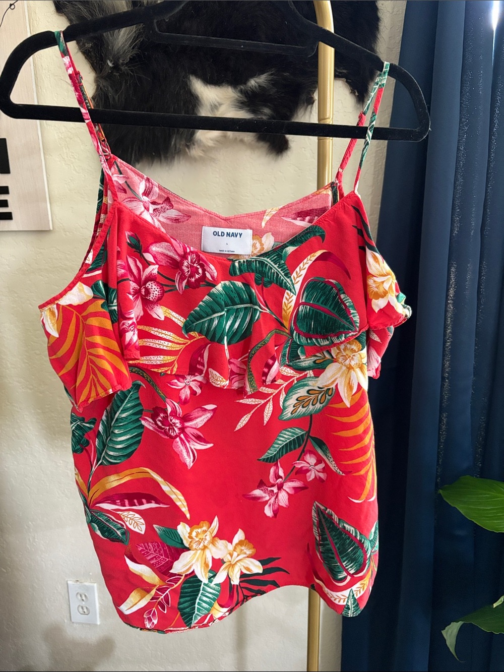 Old Navy Red Tropical Floral One-Piece with Green Leaf Accents